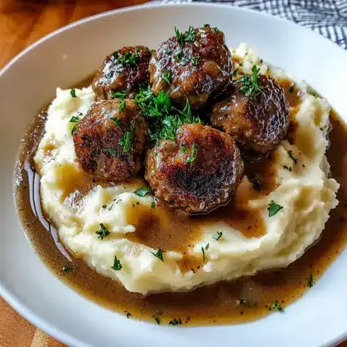 Salisbury Steak Meatballs with Garlic Herb Mashed Potatoes