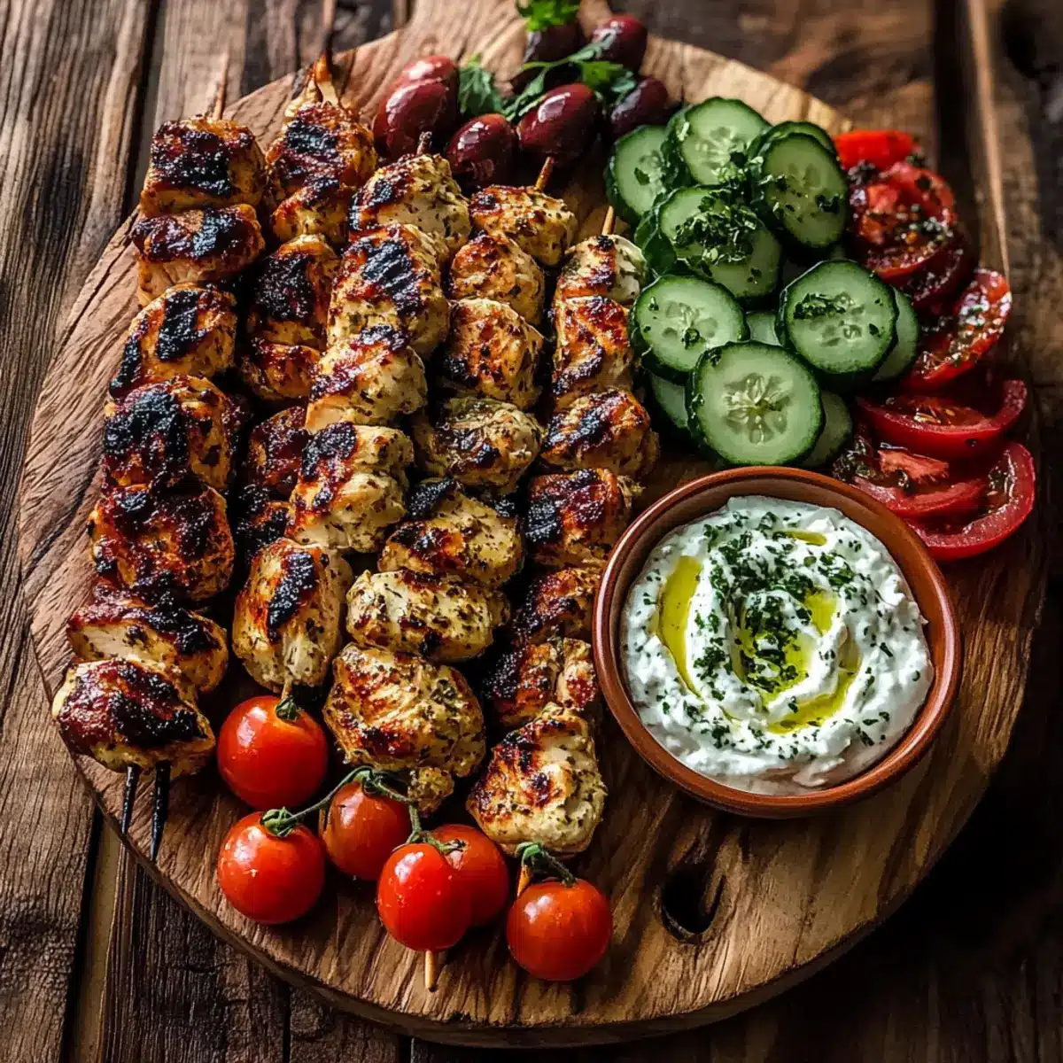 Greek Chicken Souvlaki Grazing Board with Feta Dip