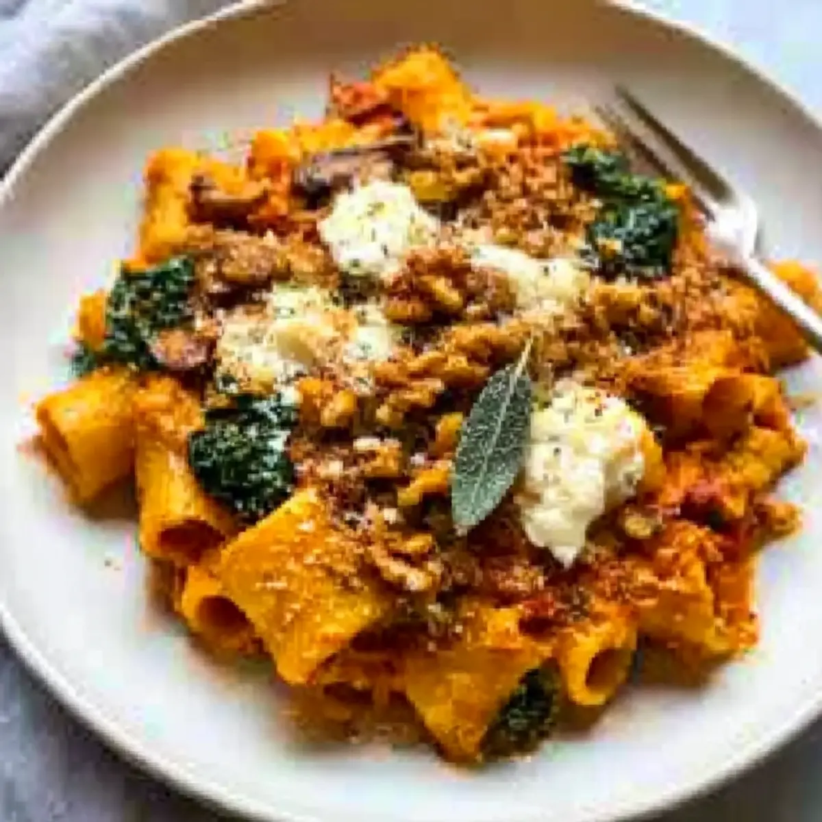 Pumpkin Tomato Pasta Bake with Walnut Sage Topping